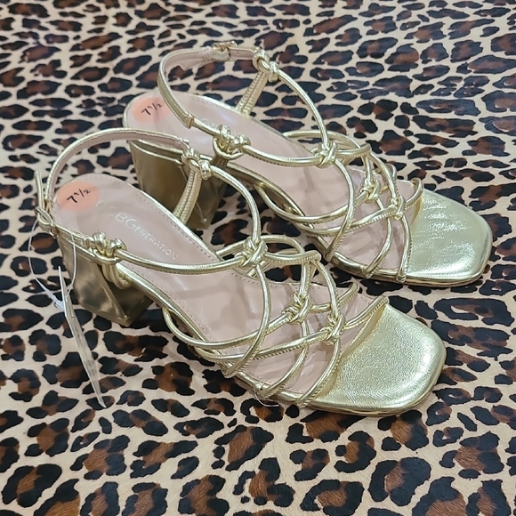 BCBGeneration Gold Strappy Heels Elegant Metallic Design - Picture 1 of 6